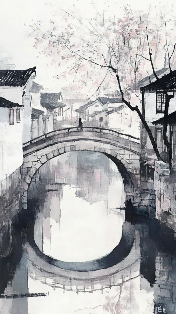 Here's a description of the image:

The artwork depicts a serene, monochrome scene of a stone arch bridge spanning a tranquil canal in a traditional East Asian village.  The buildings lining the canal are rendered in shades of grey and white, showcasing simple, elegant architecture.  A lone figure stands on the bridge, adding a sense of solitude.  Delicate, blossoming tree branches arch overhead, their pale pink blossoms contrasting against the muted tones of the village. The style evokes traditional ink wash painting, with soft, expressive brushstrokes and a focus on atmospheric perspective.  The reflection of the bridge in the calm water completes the peaceful composition.