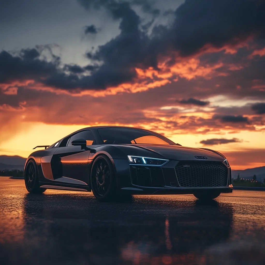 A sleek, black Audi R8 sports car sits on a dark, wet road at sunset. The vibrant orange and red hues of the sky create a dramatic backdrop, reflecting subtly on the car's glossy surface.  The car's headlights gleam, enhancing its powerful presence. The overall scene evokes a feeling of luxury, speed, and the beauty of a fiery sunset.