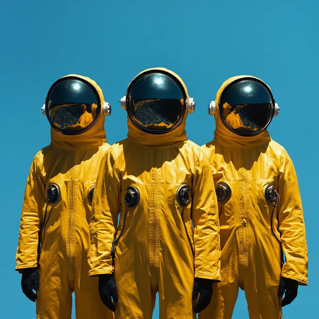 Three figures in bright yellow hazmat suits and astronaut helmets stand shoulder-to-shoulder against a vibrant blue sky.  The suits are identical, with dark visors reflecting the sunlight.  The image evokes a sense of unity, perhaps representing a team facing a shared challenge or exploring an unknown environment.  The bold color contrast and minimalist composition create a striking visual impact.