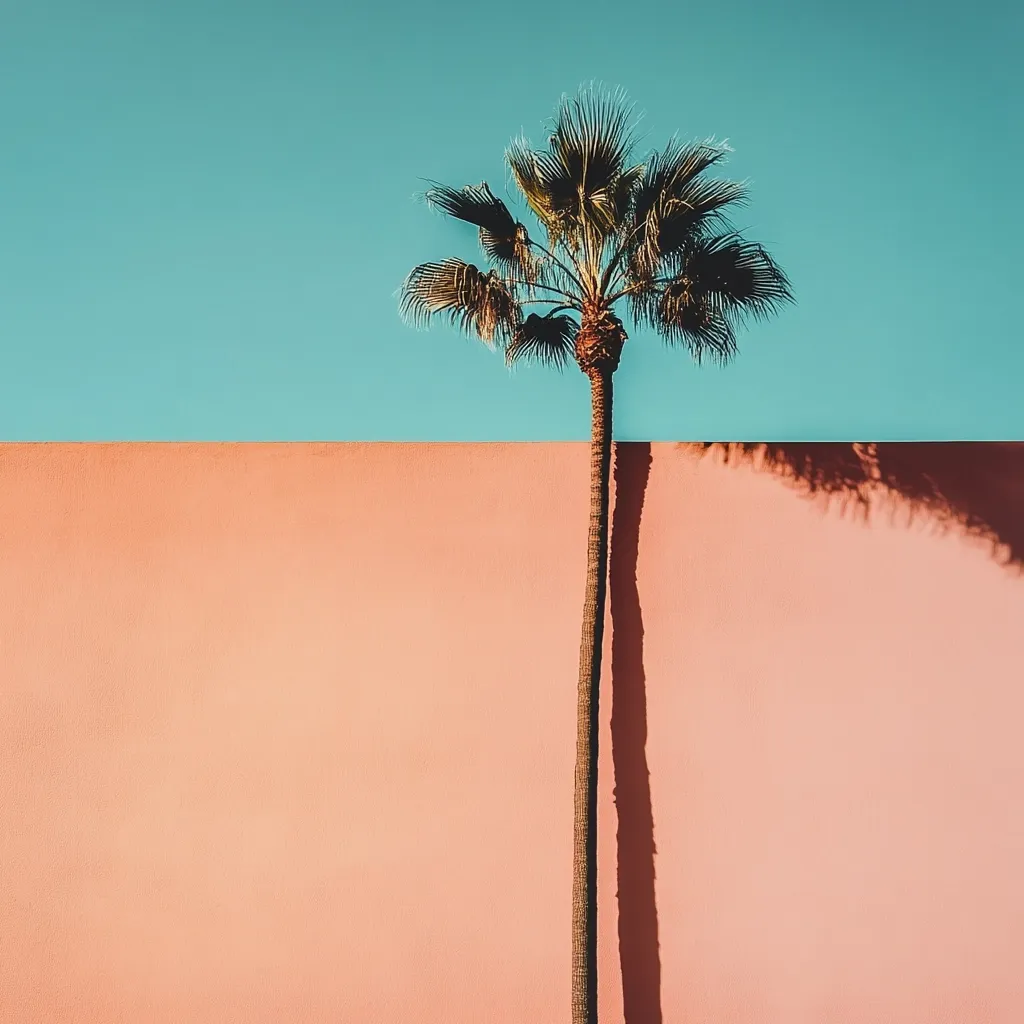 Here's a description of the image:

A single palm tree stands majestically against a vibrant two-toned background.  The sky above is a soft, tranquil turquoise, contrasting sharply with a smooth, peach-colored wall that fills the lower half of the frame. The palm tree's shadow stretches long and slender down the wall, creating a visually striking element. The overall aesthetic is minimalist and evokes a sense of calm and serenity, with a slightly vintage or retro feel. The color palette is muted yet impactful.