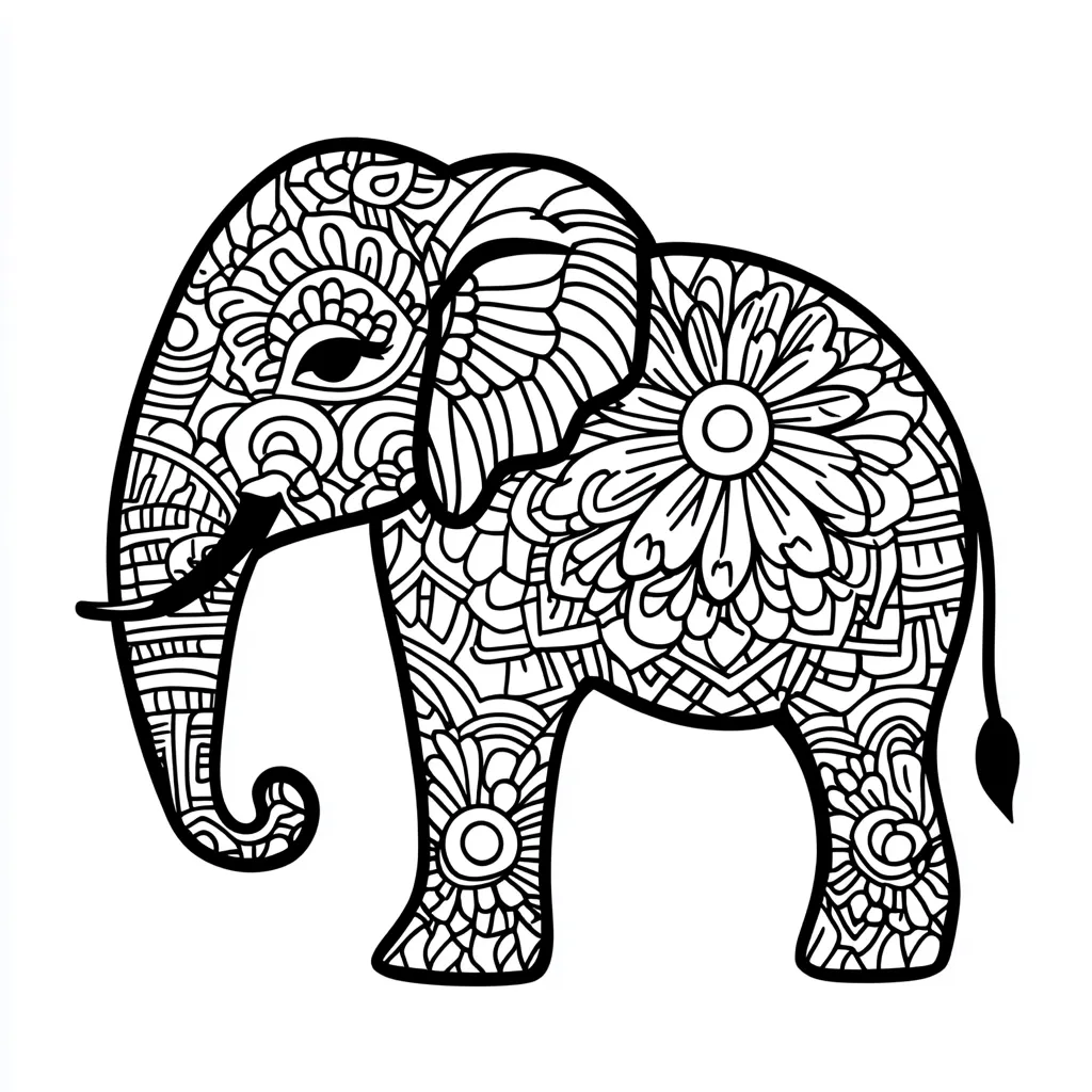 Here's a description of the image:

The image shows a line drawing of an elephant intricately adorned with mandala-style patterns.  Every part of the elephant, from its ears and trunk to its legs and tail, is filled with complex, swirling designs featuring flowers, geometric shapes, and ornate details. The style is reminiscent of traditional South Asian or Indian art. The elephant is depicted in profile, facing left, and is rendered entirely in black ink on a white background, suitable for coloring or as a decorative element.