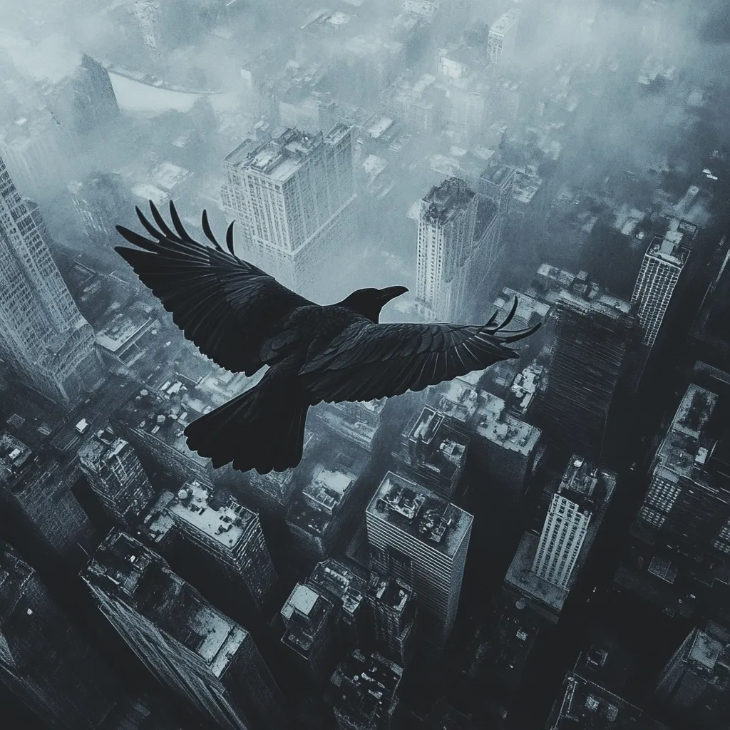 A large black crow dominates the foreground, its wings spread wide in flight above a sprawling, misty cityscape.  The city, rendered in monochrome blues and greys, stretches to the horizon, a dense collection of skyscrapers shrouded in a hazy atmosphere.  The contrast between the solitary bird and the vast urban expanse creates a dramatic and somewhat ominous mood. The image suggests themes of isolation, urban loneliness, or perhaps a portentous event.