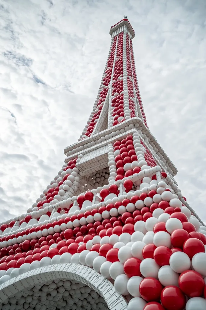 Here's a description of the image:

Low-angle view of a large structure resembling the Eiffel Tower, completely covered in red and white balloons. The balloons are tightly packed, forming the distinct shape of the tower, with the white balloons creating a pattern against the red. The sky is cloudy, providing a contrasting backdrop to the vibrant colors of the balloon tower. The perspective emphasizes the height and grandeur of the structure.  The base of the tower is partially visible, also covered in balloons.