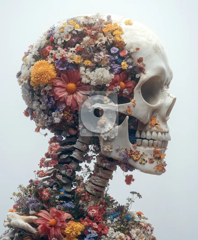 A human skull, adorned with a profusion of vibrant wildflowers, is the centerpiece of this striking image.  The blossoms completely cover the skull, cascading down the exposed spine and ribcage of the skeleton.  The contrast between the stark white bone and the colorful, delicate flowers creates a powerful juxtaposition, suggesting themes of life, death, and the beauty found in impermanence. The overall aesthetic is both macabre and mesmerizing.