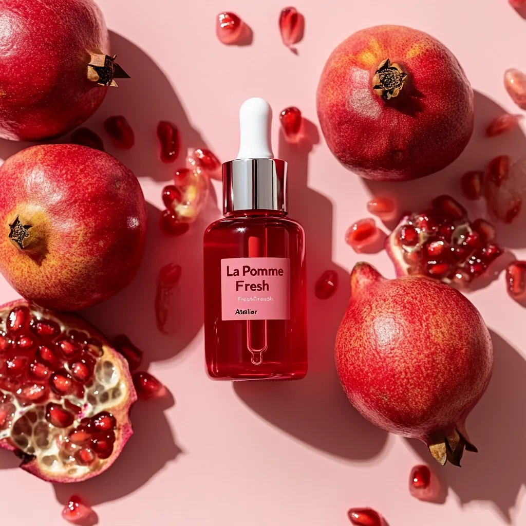 Here's a description of the image:

A bottle of Atelier's La Pomme Fresh serum is displayed on a pink background, surrounded by halved and whole pomegranates and scattered pomegranate seeds. The serum's label indicates a "Fresh & Greesh" product. The scene is brightly lit, highlighting the vibrant red hues of both the serum and the fruit, creating a visually appealing and suggestive link between the product and its purported ingredients. The overall aesthetic is clean, modern, and luxurious.