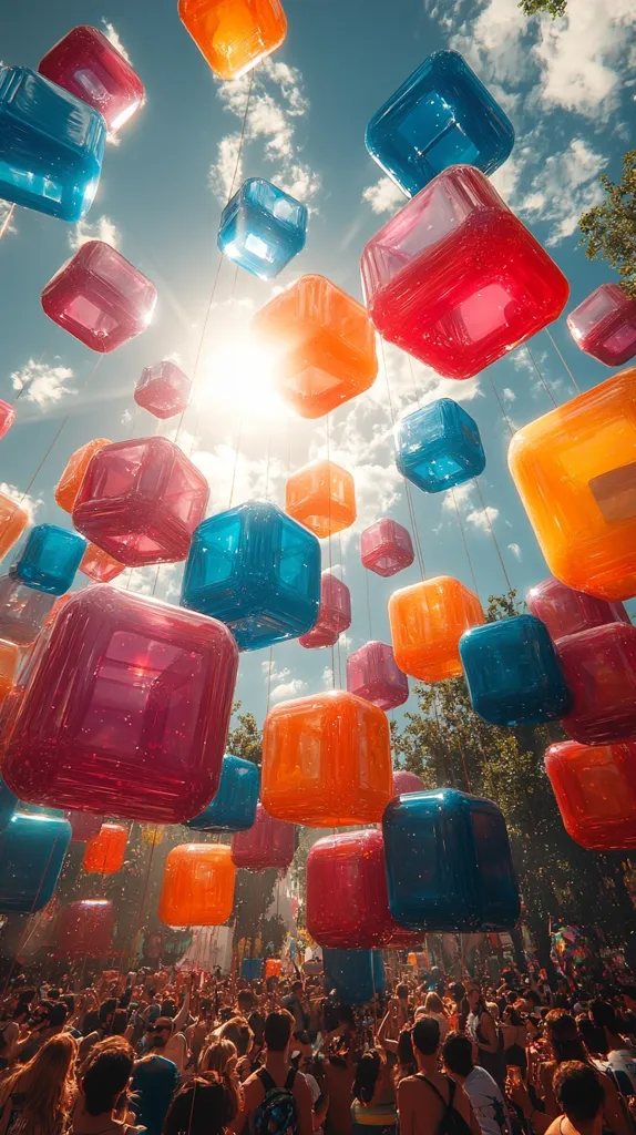 Here's a description of the image:

The photo shows a vibrant outdoor scene, likely a festival or event, where numerous large, translucent cubes in various colors (orange, pink, red, and blue) hang suspended in the air against a bright, sunny sky. The cubes appear to be inflatable and are evenly spaced, creating a visually striking installation. Below the cubes, a large crowd of people is gathered, facing upward, enjoying the spectacle. The overall atmosphere is cheerful and lively, with the bright colors and sunlight enhancing the festive mood. Water appears to be spraying from below the crowd, adding to the energetic atmosphere. The sky is partly cloudy.