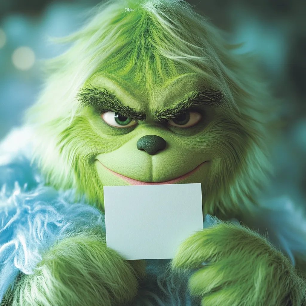 A close-up shot reveals a stylized Grinch, his green fur meticulously detailed.  He has a mischievous grin, accentuated by expressive eyes and eyebrows.  The Grinch is holding a blank, pale-blue square card in his furry paws, partially obscuring his lower face.  He's wearing a light blue, fluffy robe, which contrasts with his vibrant green fur. The background is softly blurred, focusing attention on the Grinch and his message.