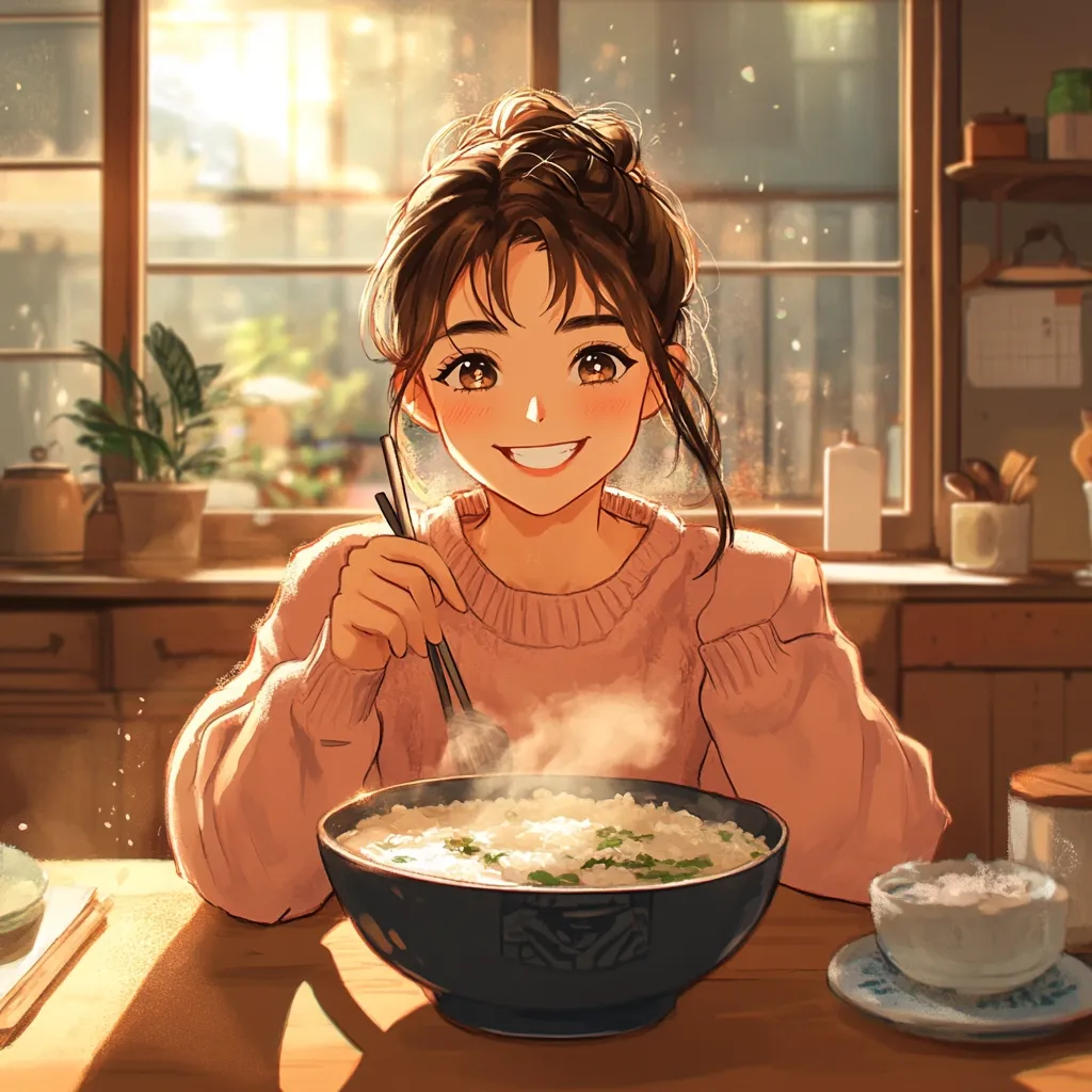 The illustration depicts a young woman with brown hair styled in a bun, seated at a kitchen table bathed in warm sunlight streaming through a window.  She's wearing a light pink sweater and holds chopsticks, happily eating a steaming bowl of rice porridge. The scene is peaceful and cozy, with subtle details like houseplants and kitchen utensils adding to the homely atmosphere.  Her bright smile and the steam rising from her food convey a sense of contentment and warmth.