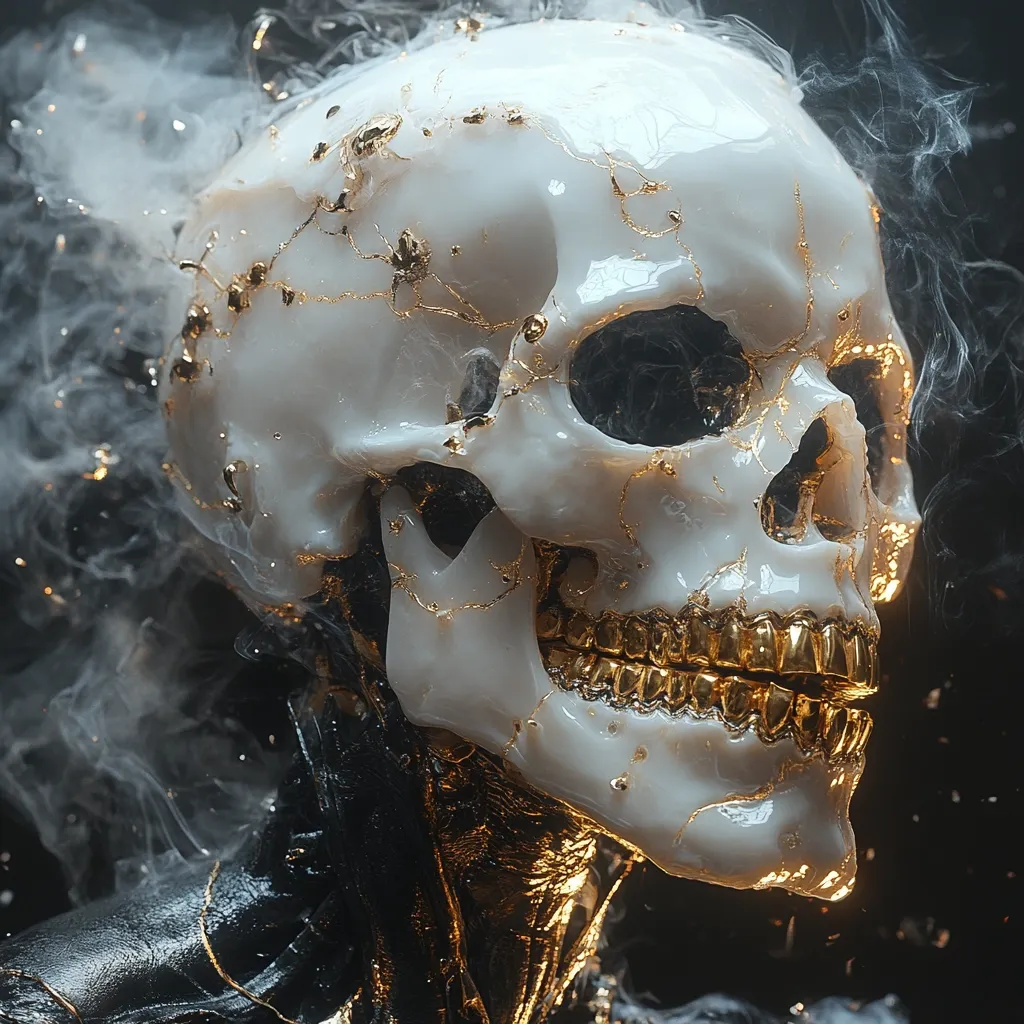 Here's a description of the image:

The image shows a stylized skull, predominantly white with gold accents.  Thin, gold lines resembling cracks or veins traverse the skull's surface. The teeth are entirely gold. The skull is partially enveloped in a smoky, ethereal haze, giving it a surreal, almost otherworldly quality.  The neck and a portion of the torso are visible, also exhibiting a dark, metallic surface with gold highlights, enhancing the skull's opulent and slightly macabre aesthetic. The overall effect is one of both beauty and decay, luxury and death.