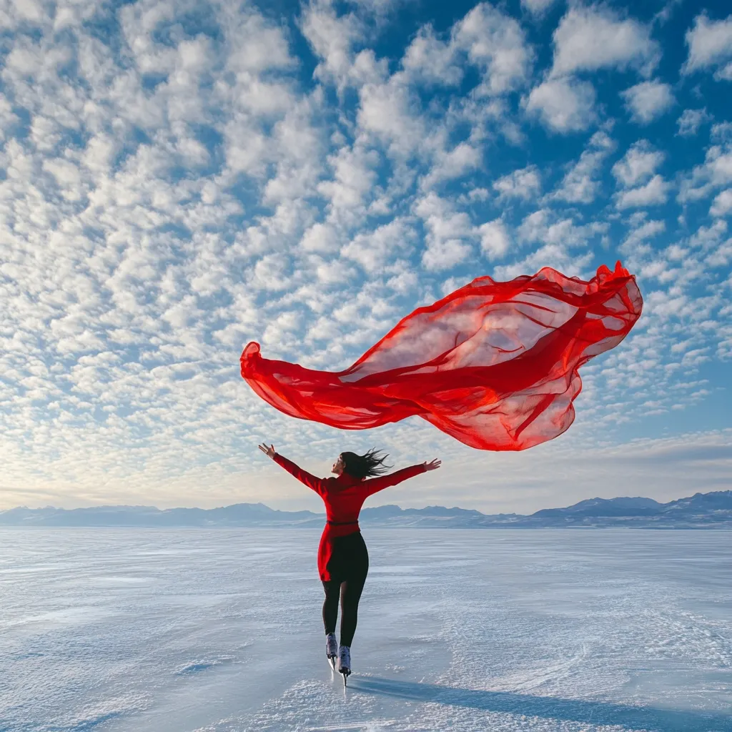 A woman ice skates across a vast, frozen expanse under a brilliant blue sky dotted with fluffy white clouds.  She wears a vibrant red dress and a flowing red fabric trails behind her, billowing dramatically in an unseen breeze.  The mountains are visible in the distance, creating a serene and breathtaking winter landscape. The scene evokes a feeling of freedom and exhilaration.