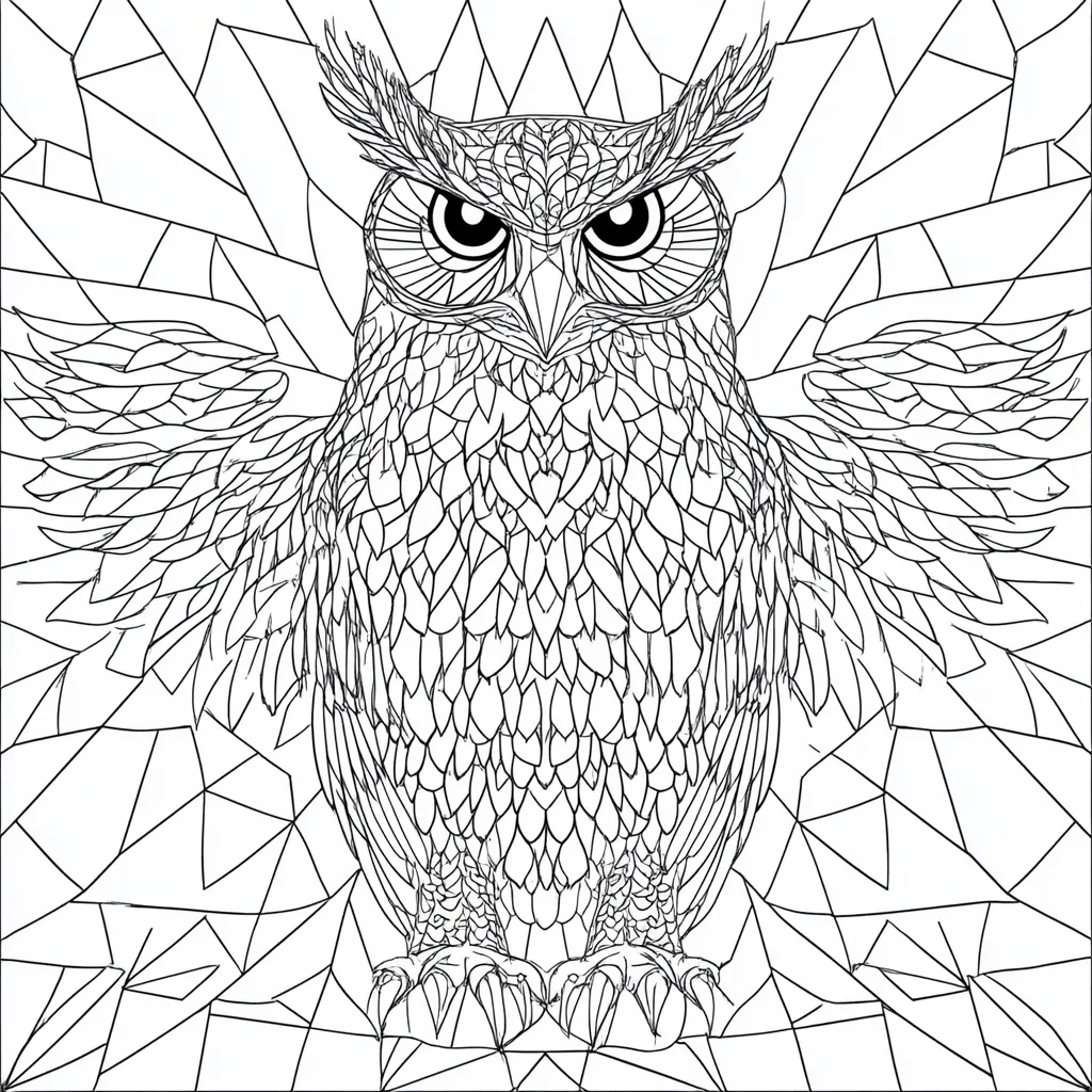Here's a description of the image:

The image is a detailed line drawing of an owl, styled to resemble stained glass. The owl is depicted front and center, its wings spread wide, showcasing intricate feather detail.  Its large, round eyes are prominent, and its talons are sharply defined. The owl is positioned against a background of geometric, crystalline shapes, creating a striking contrast between the organic form of the bird and the sharp lines of the background. The entire piece is black and white, suitable for coloring. The style is reminiscent of adult coloring book designs.