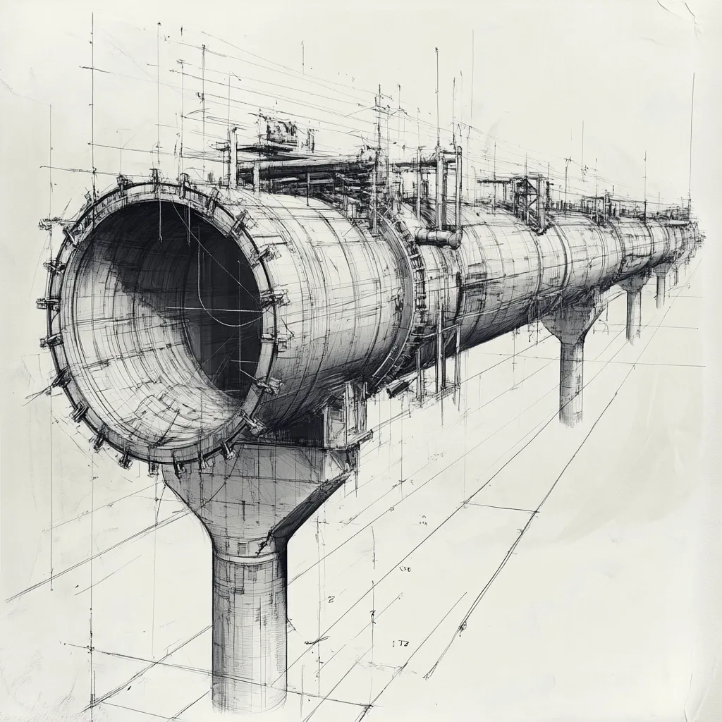Here's a description of the image:

The detailed drawing showcases a massive, cylindrical industrial pipeline or conduit, supported by a series of sturdy pillars.  The perspective emphasizes the immense scale of the structure, which extends into the distance.  The pipeline’s intricate internal workings are partially visible through an open end, revealing a complex network of smaller pipes and components.  The style is reminiscent of technical blueprints, with numerous measurement lines and annotations superimposed over the main structure, lending a sense of precision and engineering.  The overall monochrome palette enhances the technical and industrial aesthetic.