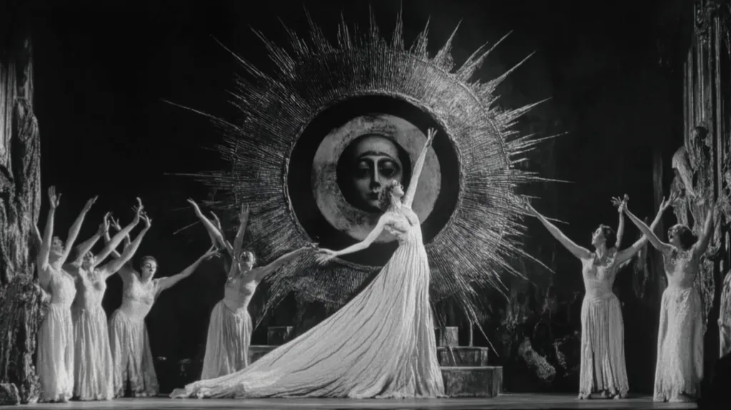 A black and white photograph captures a theatrical performance. A central ballerina, in a flowing gown, is posed dramatically with arms outstretched against a large, sunburst-like backdrop.  Behind her, a chorus line of dancers mirrors her pose, their arms raised in unison.  The backdrop features a circular painting of a serene face, adding a mystical element to the scene.  The overall mood is one of elegant, stylized movement and ethereal beauty.