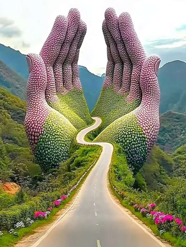 A winding road snakes between two colossal, flower-covered hands, seemingly cradling the path.  The hands, formed from vibrant pink and green blooms, rise from a lush, green landscape nestled in mountainous terrain.  The scene is surreal and picturesque, blending natural beauty with fantastical imagery.  The road, a ribbon of grey asphalt, invites the viewer on a journey through this breathtaking, otherworldly vista.