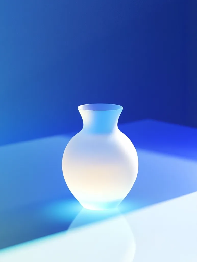 Here's a description of the image:

The image shows a frosted glass vase, round-bellied with a slightly tapered neck, sitting on a reflective surface.  The vase is softly illuminated from below, creating a gentle glow that highlights its opaque form. The background is a deep, cool blue that contrasts with the vase's pale, almost translucent appearance.  The reflective surface reflects the blue hue and the vase, subtly adding depth to the composition. The overall mood is serene and minimalist.