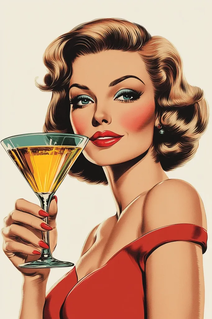 Here's a description of the image:

The image is a stylized, pin-up style illustration of a glamorous woman with auburn, wavy hair styled in a 1950s fashion.  She's wearing a scarlet off-the-shoulder dress and holds a martini glass containing a golden yellow cocktail. Her makeup is classic and bold, emphasizing her eyes and lips. Her expression is one of subtle allure and confidence. The overall style is reminiscent of vintage advertising art, with a focus on smooth lines and vibrant colors.