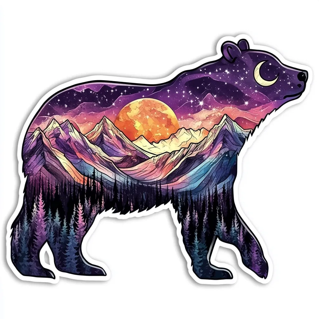 Here's a description of the image:

The image is a stylized illustration of a bear silhouette, its form filled with a vibrant landscape scene.  The interior depicts a majestic mountain range at sunset or sunrise, with a large, orange celestial body prominent in the sky, possibly a sun or large planet. A crescent moon is visible above the mountains.  The color palette is rich and saturated, using purples, oranges, pinks, and blues, creating a mystical and dreamlike effect.  Dark silhouettes of evergreen trees fill the base of the mountain range, nestled within the bear's outline. The overall style suggests a sticker or decal design.