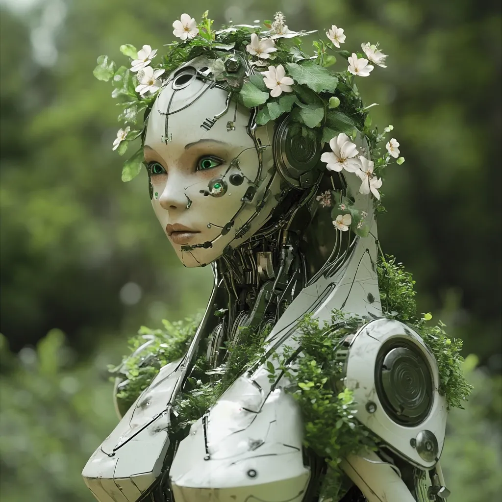 A digital rendering depicts a female android, seemingly crafted from pale metal, adorned with a crown of white blossoms and verdant foliage. The robot's face possesses a delicate, almost human-like quality, with green eyes and a serene expression.  Vines and small plants sprout from its metallic body, creating a striking juxtaposition between organic life and mechanical structure, suggesting a fusion of nature and technology. The background is a blurred green forest, emphasizing the robot's integration with its environment.