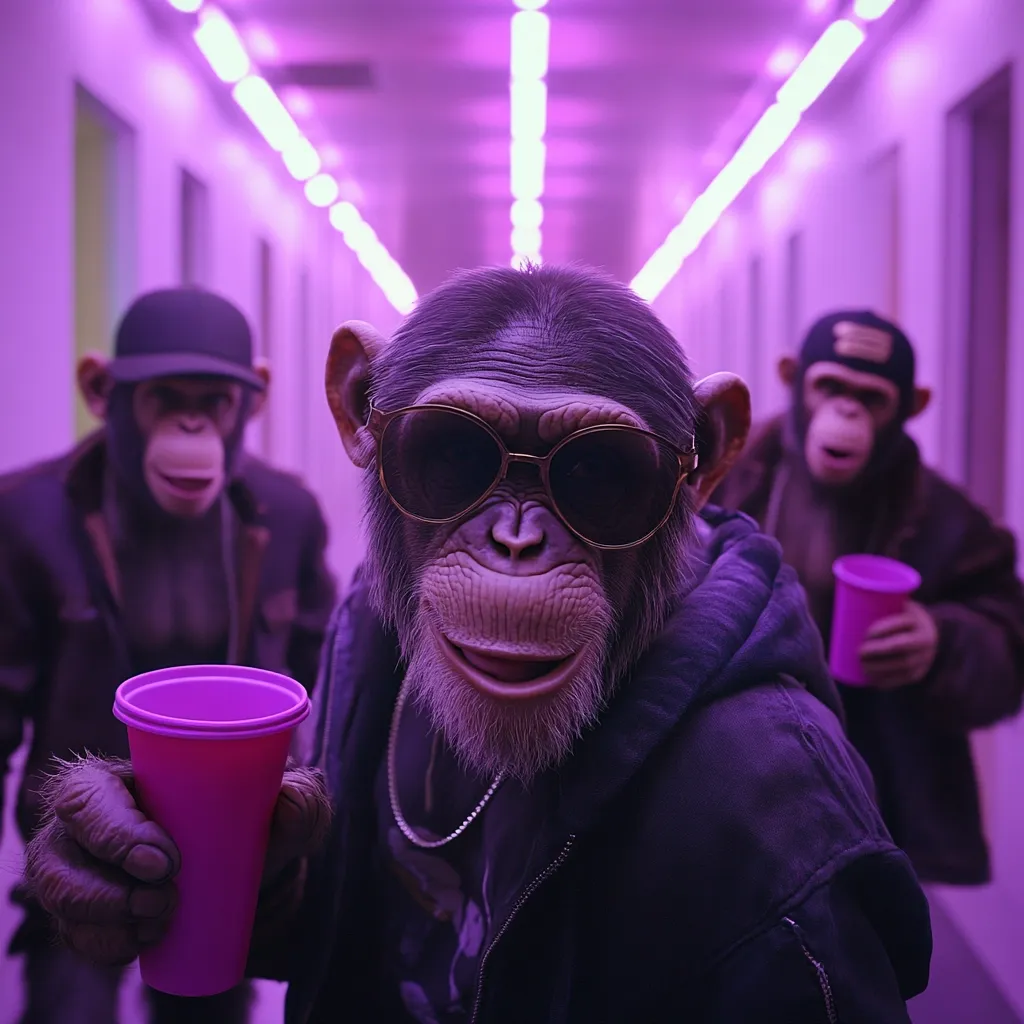Three chimpanzees, dressed in streetwear, stand in a purple-lit hallway.  The central chimp, wearing sunglasses and a hooded jacket, holds a purple cup.  Flanking him are two others, similarly attired in caps and jackets, also holding cups.  The scene has a cool, urban vibe, suggesting a stylized depiction of hip-hop culture with a primate twist. The purple lighting enhances the overall dramatic and somewhat mysterious atmosphere.