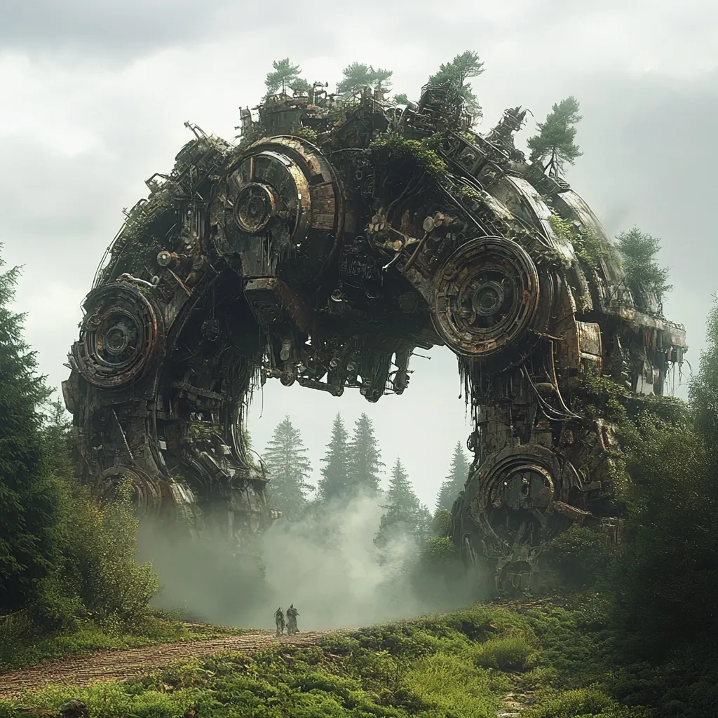 A colossal, decaying metal structure, resembling a fallen automaton or ancient machine, arches over a forest path.  Trees and vegetation sprout from its rusted surfaces, blending nature and technology in a post-apocalyptic scene.  Two small figures walk towards the structure's center, dwarfed by its immense size.  A misty fog enhances the mysterious and overgrown atmosphere, creating a sense of awe and abandonment. The scene is rendered with a high degree of detail, showcasing the textures of both the metal and the vegetation.