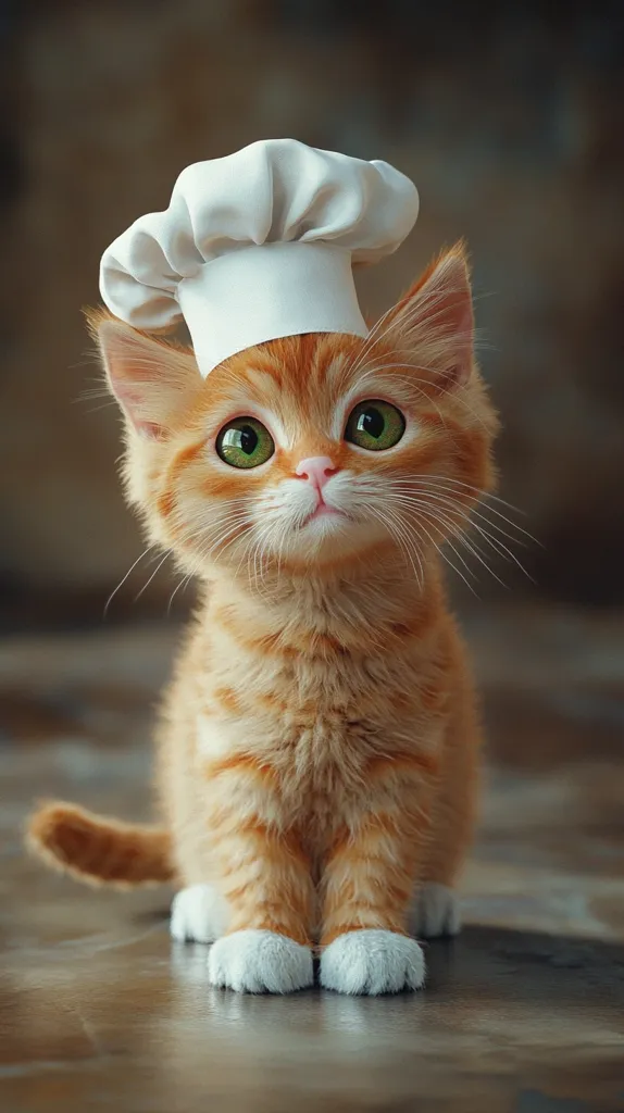 An adorable ginger kitten sits on a wooden surface, wearing a miniature chef's hat. Its large, expressive green eyes gaze directly at the camera.  The kitten's fur is a rich, orange hue, and its paws are white. The overall image is soft and evokes feelings of warmth and cuteness. The background is blurred, drawing attention to the charming feline chef.