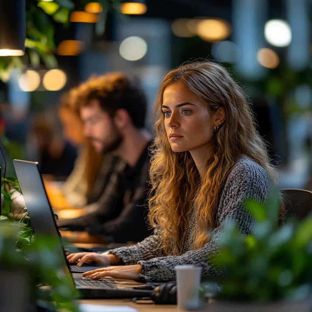 A young woman with long, wavy blonde hair sits at a laptop in a dimly lit, modern office.  She's focused on her work, her expression serious and contemplative.  Other individuals are blurred in the background, working at their own computers, suggesting a collaborative workspace.  The scene is enhanced by soft lighting and strategically placed indoor plants, creating a calm yet productive atmosphere.