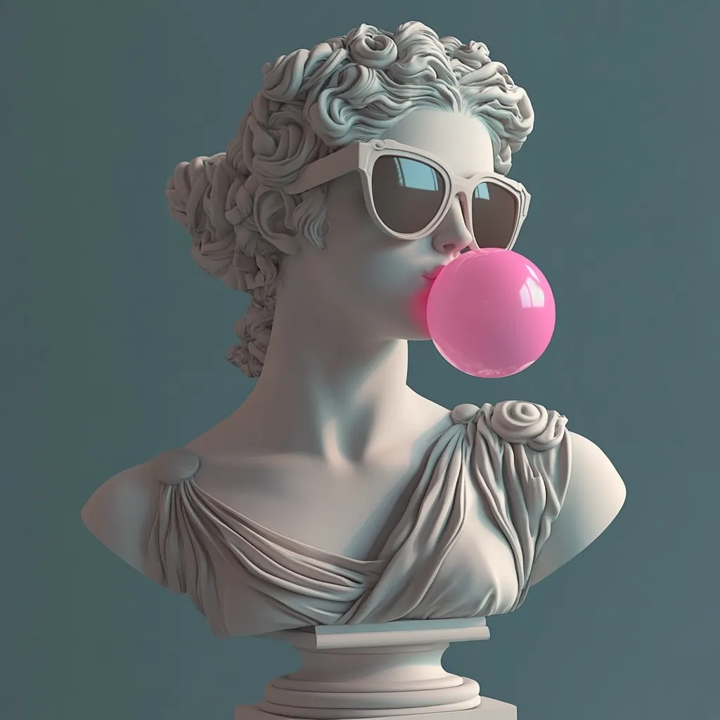 A digitally altered image depicts a classical marble bust of a woman, styled with modern accessories.  She wears large, dark sunglasses and is blowing a vibrant pink bubble of gum.  The contrast between the antique aesthetic of the sculpture and the contemporary elements creates a striking juxtaposition. The backdrop is a muted teal, enhancing the visual impact of the bright pink bubble. The overall effect is a playful and unexpected blend of styles.