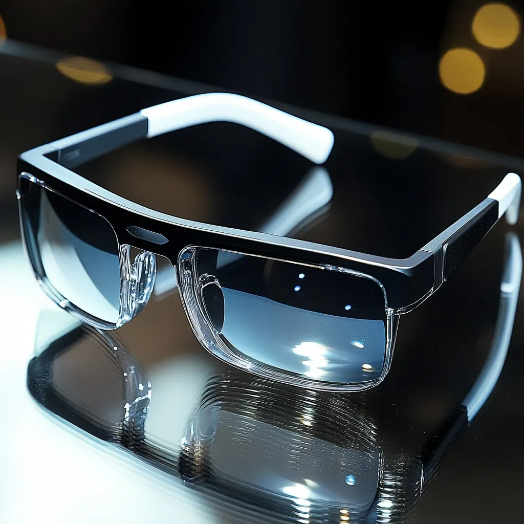 Here's a description of the image:

Close-up view of a pair of modern sunglasses resting on a reflective surface.  The frames are a sleek black with a white accent on the temples.  The lenses are a dark, gradient gray, offering a smoky appearance.  The sunglasses have a square, slightly oversized shape. The reflective surface creates a distorted mirror image of the glasses below. The background is dark and blurred, suggesting a display case or showroom setting.  The overall impression is one of high-end style and sophistication.