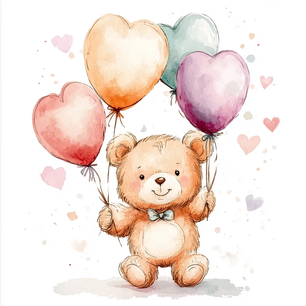 Here's a description of the image:

A charming watercolor illustration depicts a light brown teddy bear joyfully holding onto four heart-shaped balloons. The balloons are pastel-colored: peach, light purple, pink and a muted teal.  Small, scattered hearts float in the background, adding to the whimsical, romantic atmosphere. The teddy bear is depicted in a sweet, endearing style, wearing a small light blue bow tie. The overall style is soft, gentle, and ideal for children's illustrations or Valentine's Day cards.