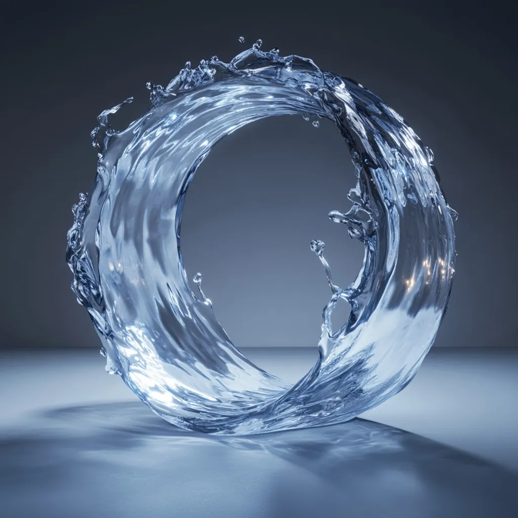 A mesmerizing image showcases a translucent, swirling ring of water against a muted gray backdrop. The water appears to be in motion, captured mid-spin, creating a dynamic, almost ethereal effect.  The ring is incomplete, with splashes and droplets visible, adding texture and realism. The light reflects beautifully off the water's surface, highlighting its fluidity and translucence. The overall composition is clean and elegant, emphasizing the beauty of water in motion.
