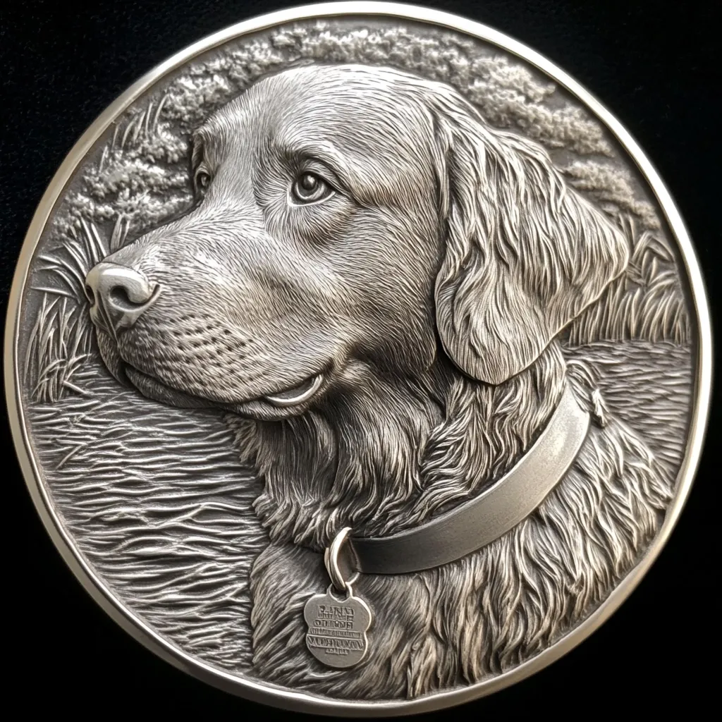 Here's a description of the image:

The image shows a detailed, three-dimensional silver medallion featuring a sculpted portrait of a Golden Retriever. The dog is depicted in profile, its head turned slightly to the viewer's left, gazing serenely into the distance.  The fur is meticulously rendered, showing individual strands and texture.  It wears a collar with a small engraved tag. The background is a textured scene suggesting water and reeds, adding depth to the piece. The high relief sculpture is sharply defined, showcasing the artist's skill in capturing the dog's likeness and the overall peaceful atmosphere.