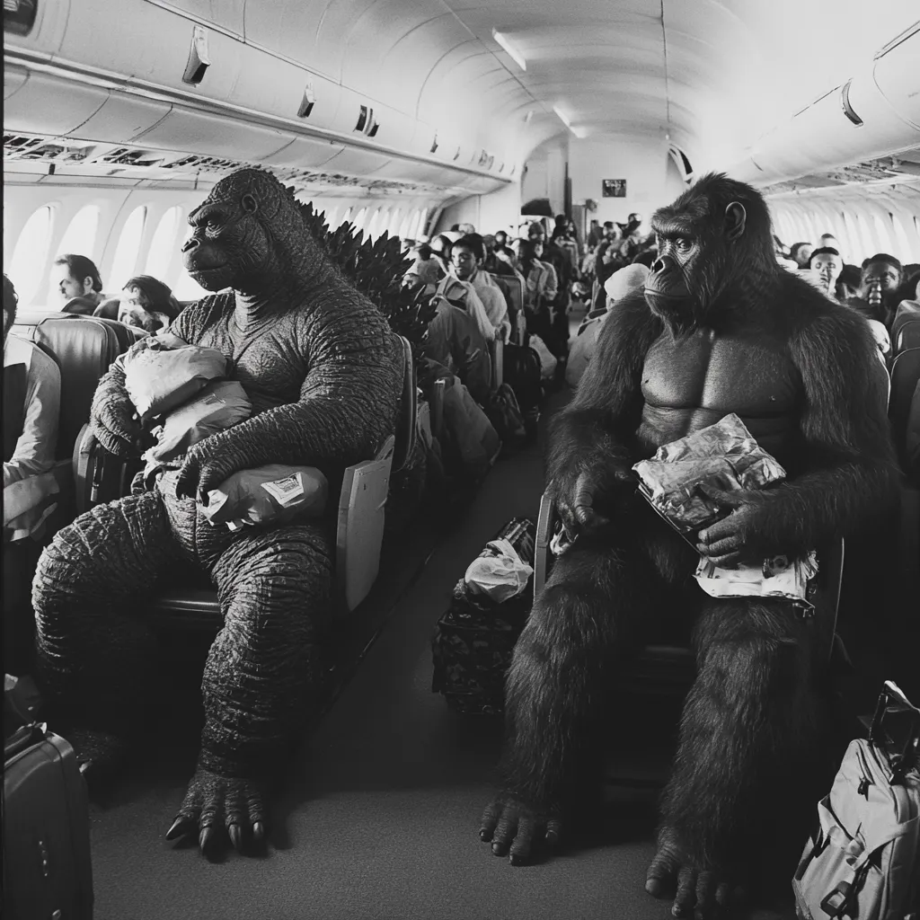 A black and white photograph captures a humorous scene aboard an airplane.  Godzilla and King Kong, in full costume, are seated in adjacent airplane seats, amidst a crowd of human passengers.  Both monsters appear calm, holding luggage in their laps. The overall atmosphere is surreal and lighthearted, contrasting the monstrous figures with the mundane setting of commercial air travel. The image is sharply focused, with excellent contrast, highlighting the texture of the monster suits.