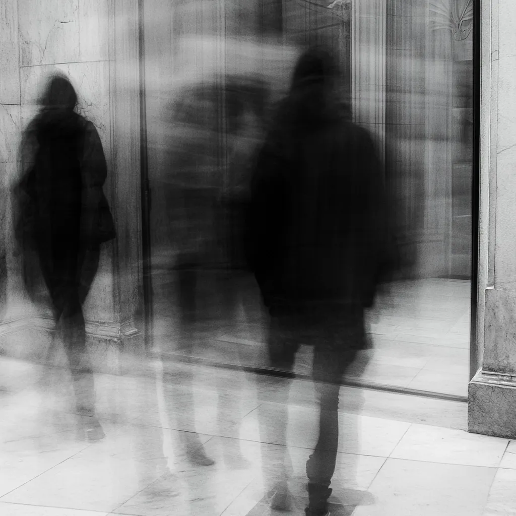 A black and white photograph captures the blurred motion of several pedestrians near a large glass storefront. The figures are indistinct, their forms rendered ghostly by the camera's long exposure.  The setting appears urban, with a marble or stone building providing a stark backdrop to the ethereal movement of the people. The overall effect is one of anonymity and fleeting moments within a city's rhythm.