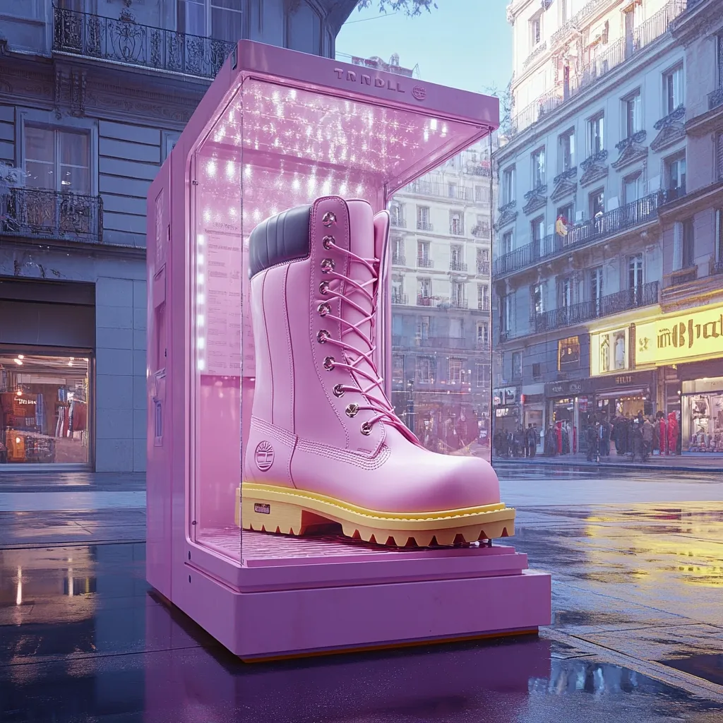 A large, light pink Timberland boot is displayed in a glowing, pink, glass-encased kiosk on a Parisian street.  The boot, with its yellow sole, is the focal point, dramatically lit from within the structure.  The background shows a typical Parisian street scene, with elegant buildings and pedestrians.  The wet pavement reflects the scene, creating a glossy, almost surreal atmosphere. The overall aesthetic is modern and stylish, showcasing the boot in an eye-catching way.
