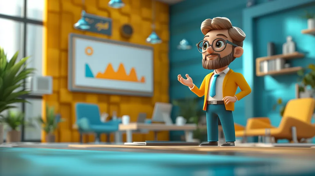 A cheerful, cartoon-style businessman stands in a modern, bright office. He wears a yellow jacket, teal pants, and glasses, gesturing welcomingly.  The background features a whiteboard displaying a simple graph, teal and yellow walls, and modern furniture, creating a vibrant and optimistic atmosphere. The scene is rendered in high-quality 3D animation, suggesting a presentation or business-related context.