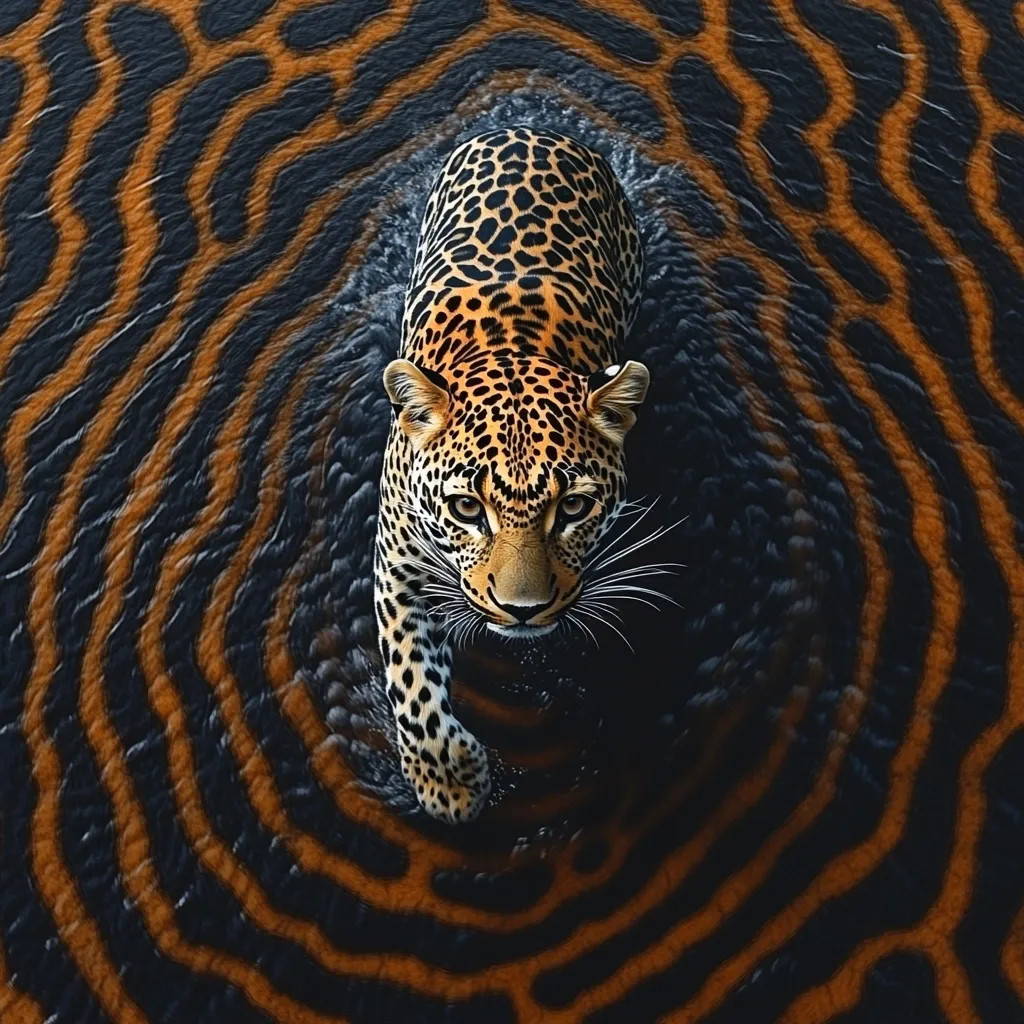A leopard, its fur a rich tapestry of black and orange rosettes, emerges from dark water. The water's surface displays a mesmerizing concentric pattern, mimicking the leopard's own markings in an almost surreal mirroring. The animal's gaze is direct, intense, captivating the viewer. The overall effect is one of striking symmetry and captivating beauty, a powerful image blending nature's artistry with artistic expression.