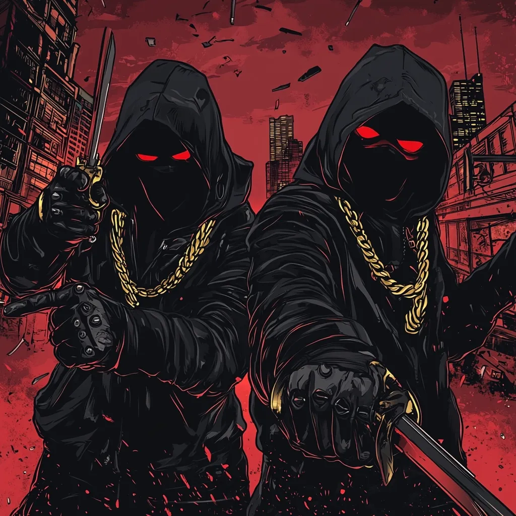 Here's a description of the image:

The illustration showcases two figures, clad in black hooded jackets and concealing their faces with dark masks, only their glowing red eyes are visible.  They are adorned with heavy gold chains, suggesting affluence or a criminal lifestyle.  One holds a knife, the other a katana-like sword, emphasizing a threatening pose. The backdrop is a fiery red cityscape, creating a dramatic and menacing atmosphere. The overall style is dark, gritty, and reminiscent of street art or graphic novel imagery. The figures exude an air of mystery and danger.