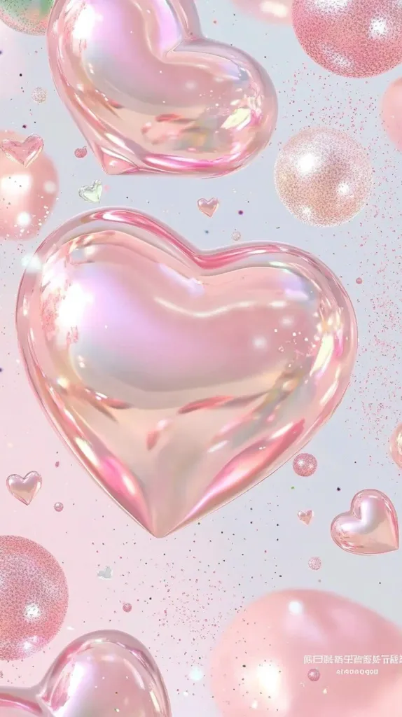 Here's a description of the image:

The image is a dreamy, pastel pink aesthetic featuring several iridescent, heart-shaped orbs floating against a soft pink and white background. Smaller, glittering hearts and spheres are scattered throughout, creating a sense of depth and movement. The larger hearts have a glossy, almost liquid appearance, reflecting light and giving a three-dimensional effect.  The overall feeling is light, romantic, and whimsical, like a Valentine's Day dream.  A small watermark is present in a foreign language at the bottom.