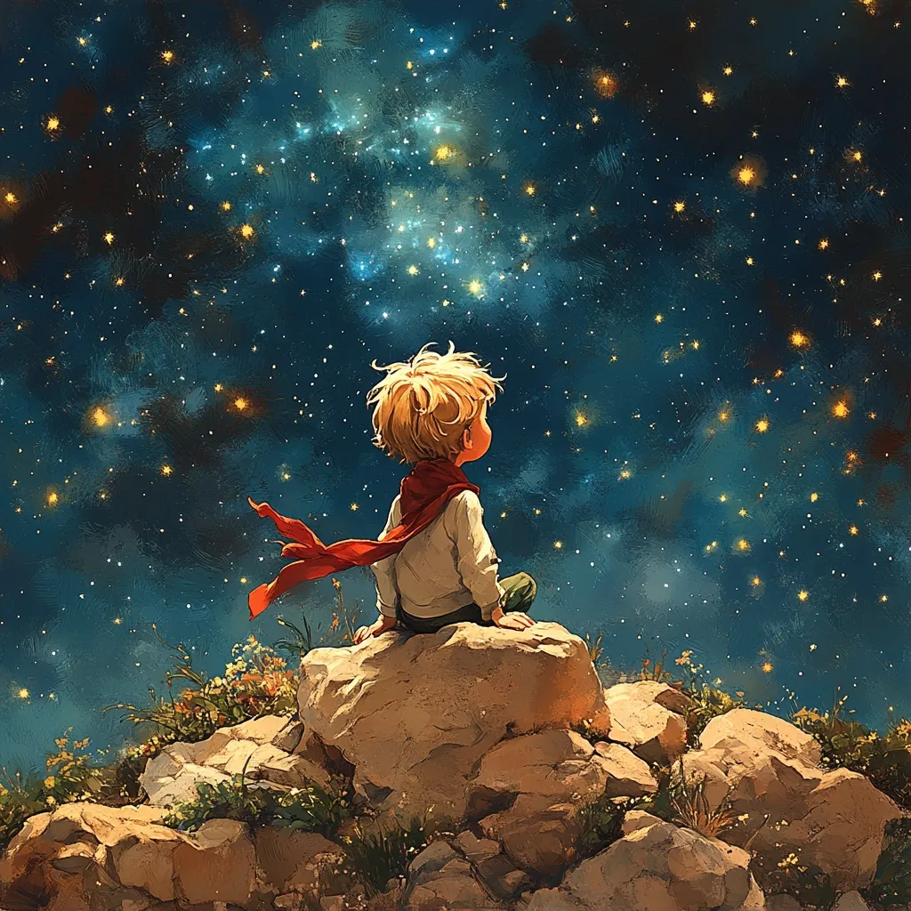 A young boy, reminiscent of the Little Prince, sits atop a rocky outcrop, gazing up at a breathtaking night sky.  Countless stars twinkle, some brighter than others, creating a magical and dreamy atmosphere. The boy wears a cream-colored shirt and a flowing red scarf, adding a touch of warmth to the scene. The overall style is painterly and evocative, hinting at a sense of wonder and longing.  The image is peaceful and suggestive of dreams and faraway places.