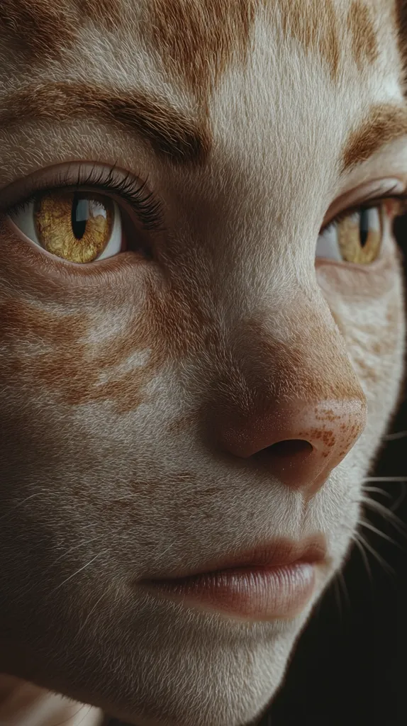 Close-up view of a creature's face, seemingly a digital rendering or from a fantasy film.  The skin has a textured, furry appearance, resembling a cat's fur in patches of brown and white.  The eyes are large, golden-yellow, and expressive.  The nose is small and slightly freckled. The overall expression is one of quiet contemplation or sadness.  The lighting focuses on the face, leaving the background dark and undefined.
