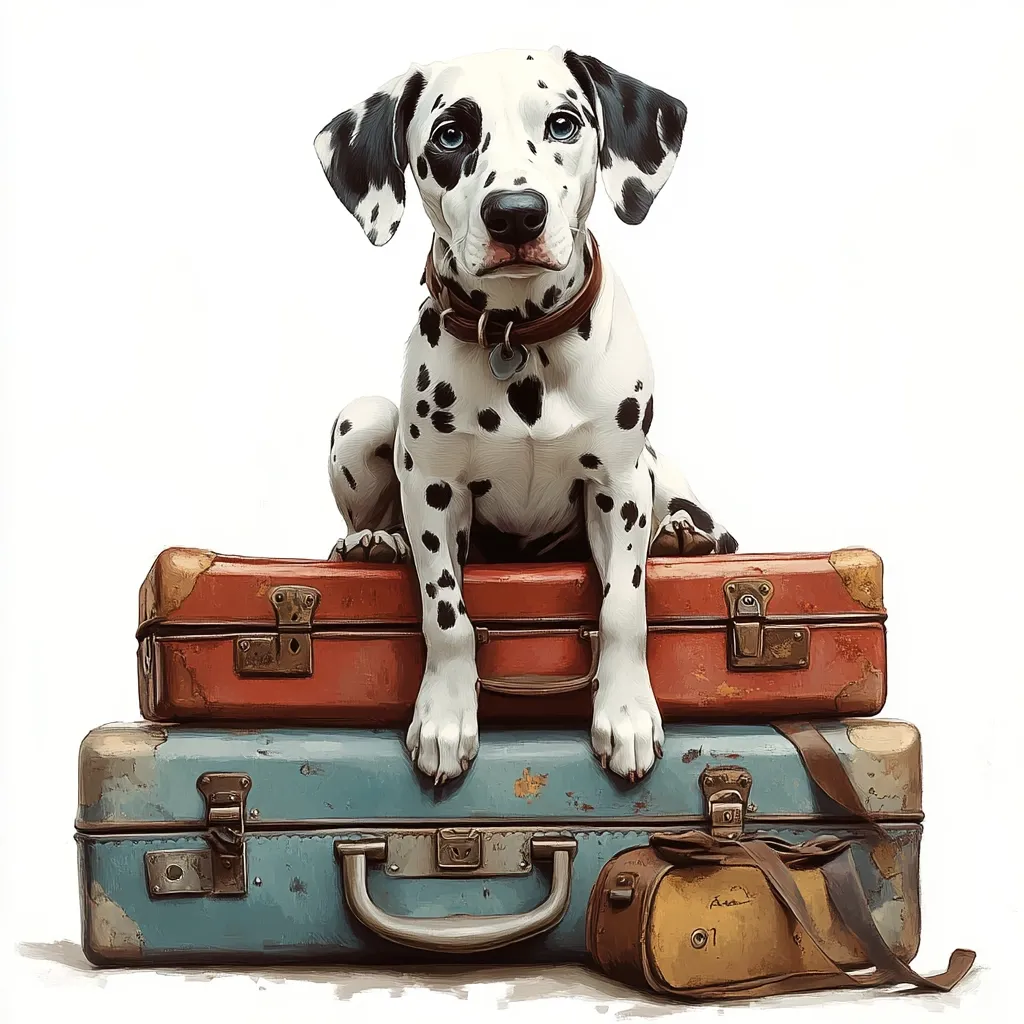 Here's a description of the image:

A charming Dalmatian puppy sits atop a stack of vintage suitcases. The puppy, with its distinctive black spots on a white coat, gazes directly at the viewer with a serene expression. It wears a brown leather collar. The suitcases, one red and the other teal, show signs of age and wear, adding a nostalgic feel. A smaller, tan leather bag rests in front of the stack. The background is pure white, emphasizing the dog and luggage as the focal points. The overall style suggests a whimsical, slightly melancholic mood, possibly hinting at travel or adventure.