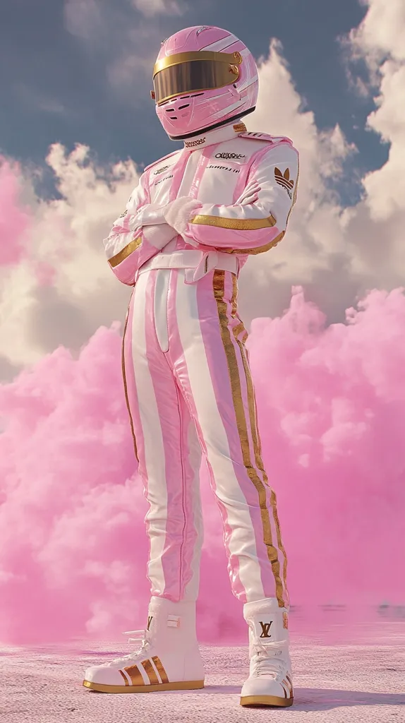 Here's a description of the image:

The image shows a stylized figure, possibly a driver, dressed in a pink and white racing suit with gold accents. The suit features vertical stripes and the Adidas logo is visible on the sleeve. The figure wears a pink helmet with a gold visor and high-top white sneakers with gold detailing. The figure stands with arms crossed, amidst a backdrop of bright pink smoke clouds against a pale sky. The overall aesthetic is vibrant, fashionable, and slightly surreal.  The shoes appear to be a collaboration with Louis Vuitton, indicated by their logo.