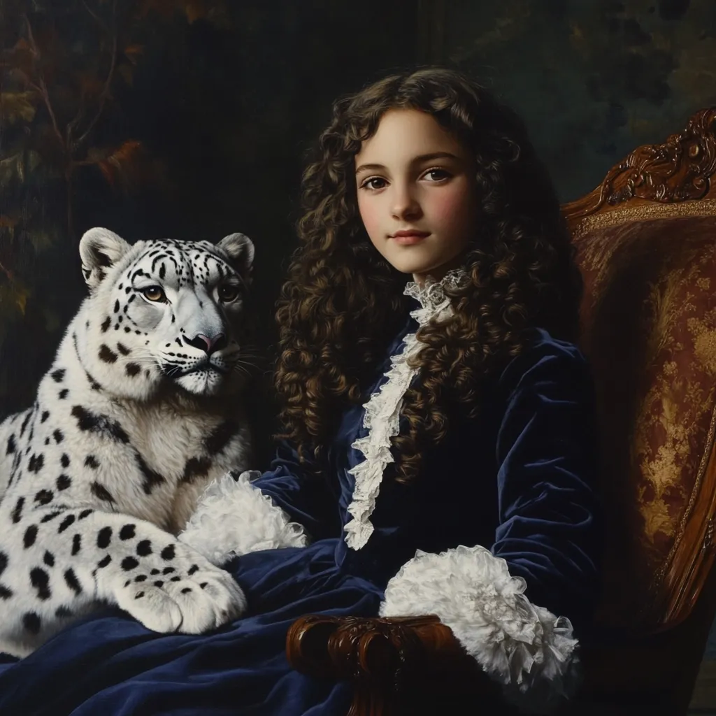 A young girl with long, dark curls sits in an ornate chair, wearing a dark blue velvet dress adorned with white lace ruffles.  Beside her rests a snow leopard, its distinctive black spots contrasting against its white fur.  The painting is rendered in a classical style, with a dark, moody background that emphasizes the girl and the animal. The overall impression is one of elegance and quiet companionship.