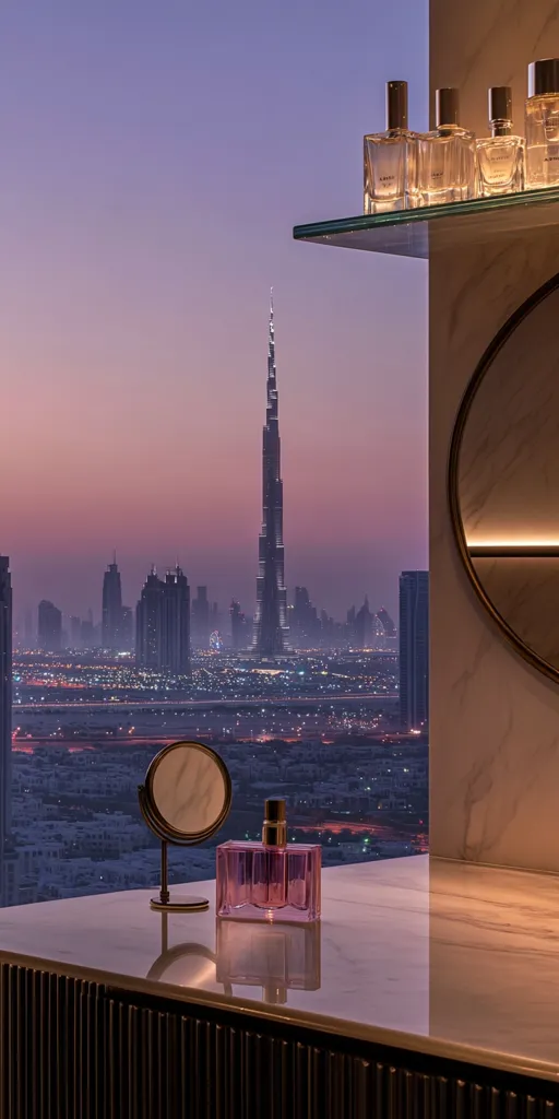 Here's a description of the image:

The photograph showcases a luxurious bathroom setting with a breathtaking view. A large window reveals a stunning cityscape at twilight, dominated by the Burj Khalifa, its lights twinkling against the darkening sky.  On a sleek marble vanity, several perfume bottles are elegantly arranged on a shelf, alongside a stylish hand mirror. The overall aesthetic is modern and sophisticated, blending opulence with a serene atmosphere.  The soft light enhances the reflective surfaces and creates a calming mood.