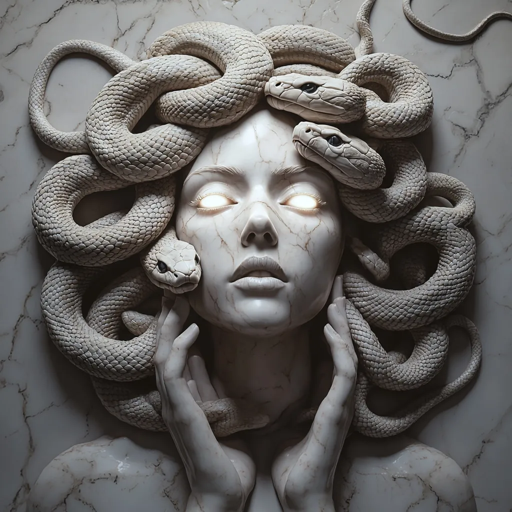 Here's a description of the image:

The image depicts a stylized rendering of Medusa, the Gorgon of Greek mythology.  Her face is sculpted in a marble-like texture, with glowing eyes adding an ethereal quality.  A multitude of snakes, intricately detailed and also rendered in a stone-like appearance, form a dense mass around her head, acting as her iconic hair.  Her hands are gently placed on her cheeks, and the overall aesthetic is one of somber beauty and unsettling power, presented against a marble background that enhances the stone-like quality of the figure.