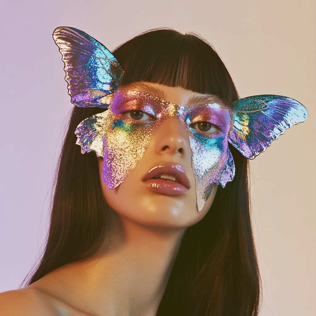 Close-up view of a young woman with long dark hair.  She wears a striking iridescent butterfly-shaped face mask, crafted from a shimmering, glittery material that blends seamlessly with similarly textured eye makeup in blues, purples, and golds. The mask covers part of her face, enhancing her features with a fantastical, ethereal quality.  The background is a soft, muted purple-pink. The overall impression is one of fantasy and artistic beauty.