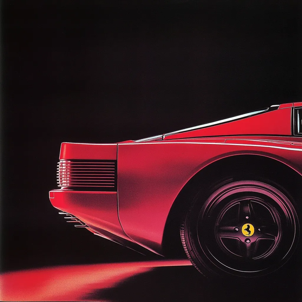 The image showcases the rear of a classic red Ferrari Testarossa.  The car's sleek lines and iconic design are highlighted against a dark background, emphasizing its curves and the distinctive rear taillights. The Ferrari logo is visible on the black wheel, adding to the overall luxurious and powerful impression. The lighting accentuates the car's glossy paintwork, creating a dramatic and stylish presentation.