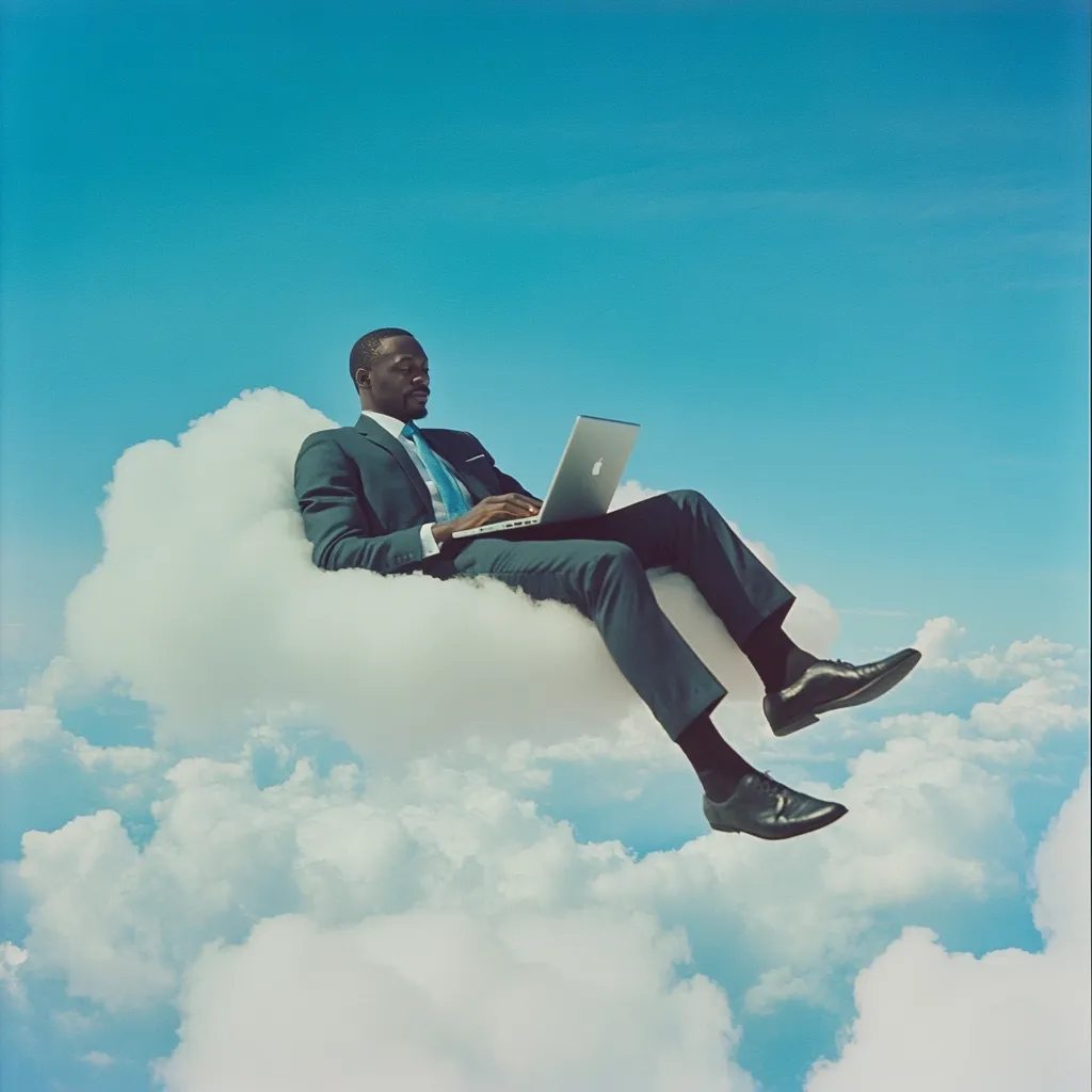 A Black businessman, sharply dressed in a dark suit and teal tie, sits comfortably on a fluffy white cloud.  He works on a silver laptop, his relaxed posture suggesting ease and success. The vibrant blue sky and expansive cloud formations create a surreal, dreamlike atmosphere. The image evokes a feeling of freedom, innovative thinking, and effortless achievement in the digital age.