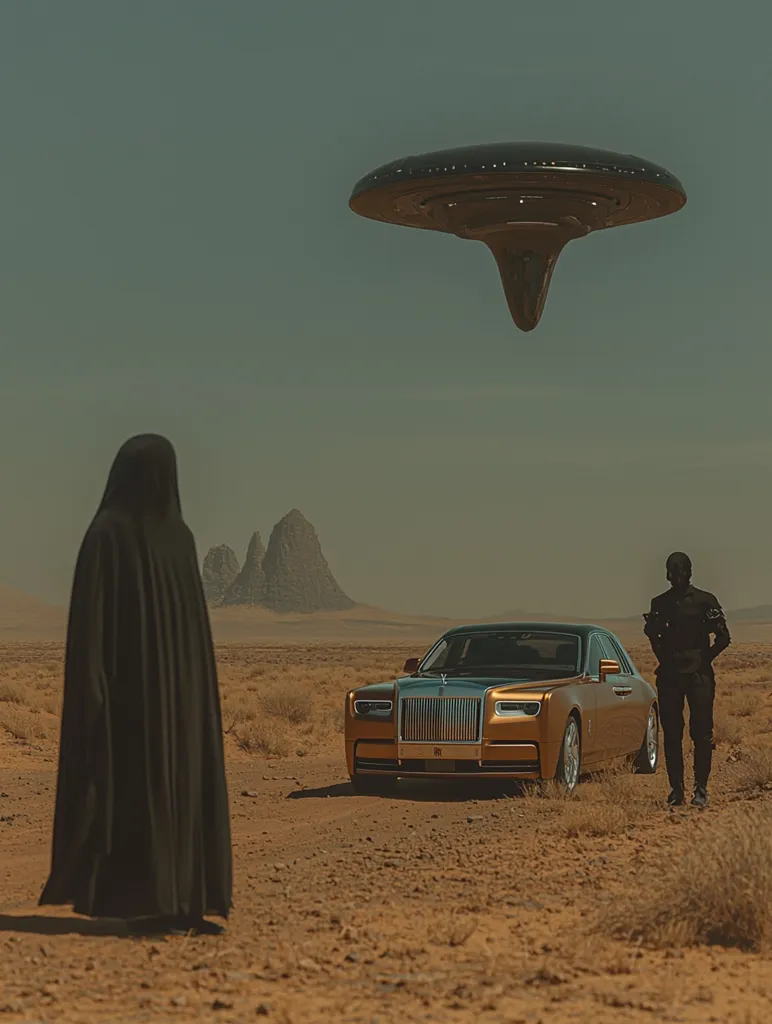 Here's a description of the image:

The image depicts a surreal desert scene. A large, dark, saucer-shaped spacecraft hovers in the pale sky above a desolate landscape.  In the foreground, a figure cloaked in black stands near a luxurious gold Rolls-Royce. Another dark-clad figure stands near the car's rear.  The setting sun casts long shadows on the sandy ground, highlighting the stark contrast between the sleek car, the mysterious figures, and the otherworldly craft overhead.  The overall mood is one of mystery and anticipation.