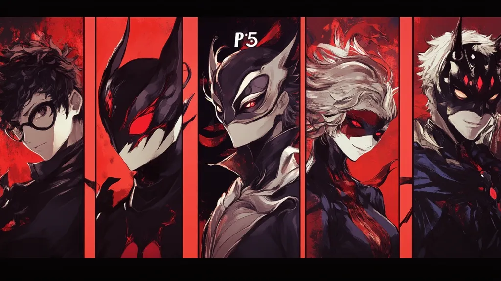 This is a stylized artwork labeled "P5," likely referencing Persona 5.  It features five figures, possibly characters from the game, depicted in a dark, dramatic style against a red background. Each figure has a unique design, some wearing masks with red accents, contributing to the overall mysterious and intense atmosphere.  The art style is a blend of manga and painting techniques, showcasing bold lines and expressive brushstrokes.  The characters are positioned individually, yet collectively, creating a sense of unity and intrigue.